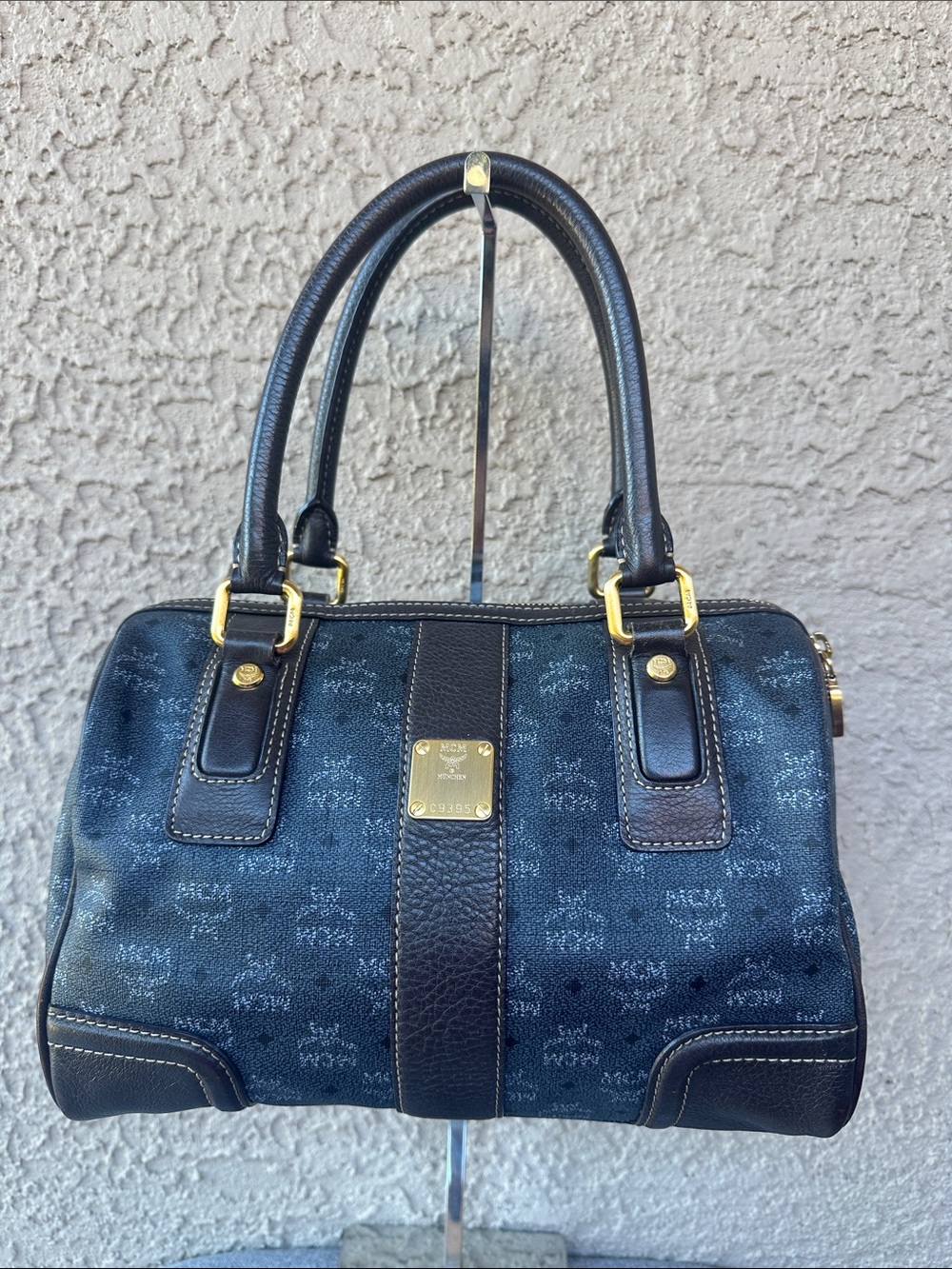 MCM Black Visetos Logo Dome Satchel with Gold Hardware